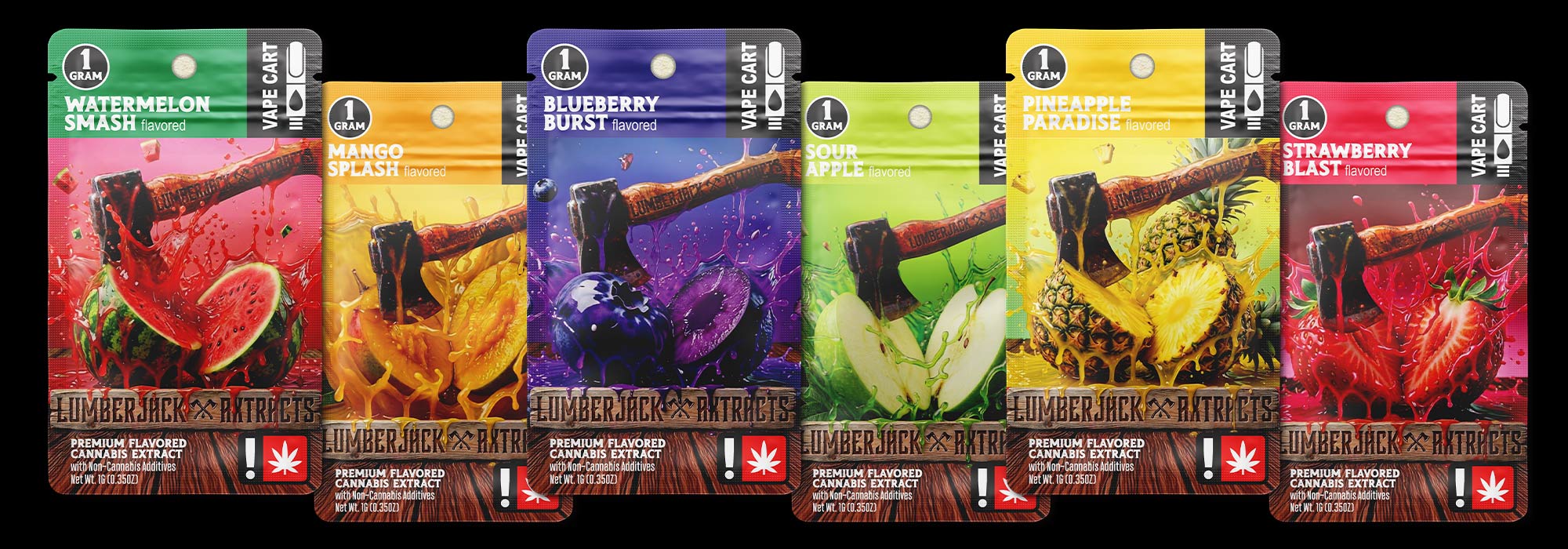 Lumberjack Axtracts suite of flavored vape cartridges milar pouch packaging design